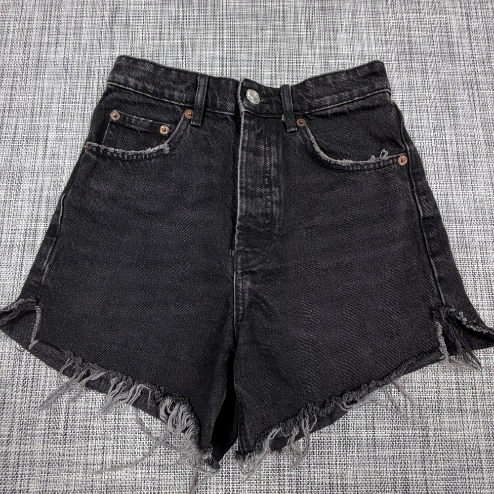 Zara Womens US 4 Washed Black Denim Shorts High Rise Button Fly Frayed Raw Hem